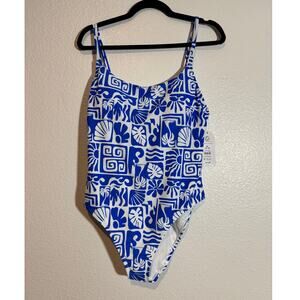 Time and Tru NWT Size XL Floral Palm Tree Blue & White One Piece Bathing Suit